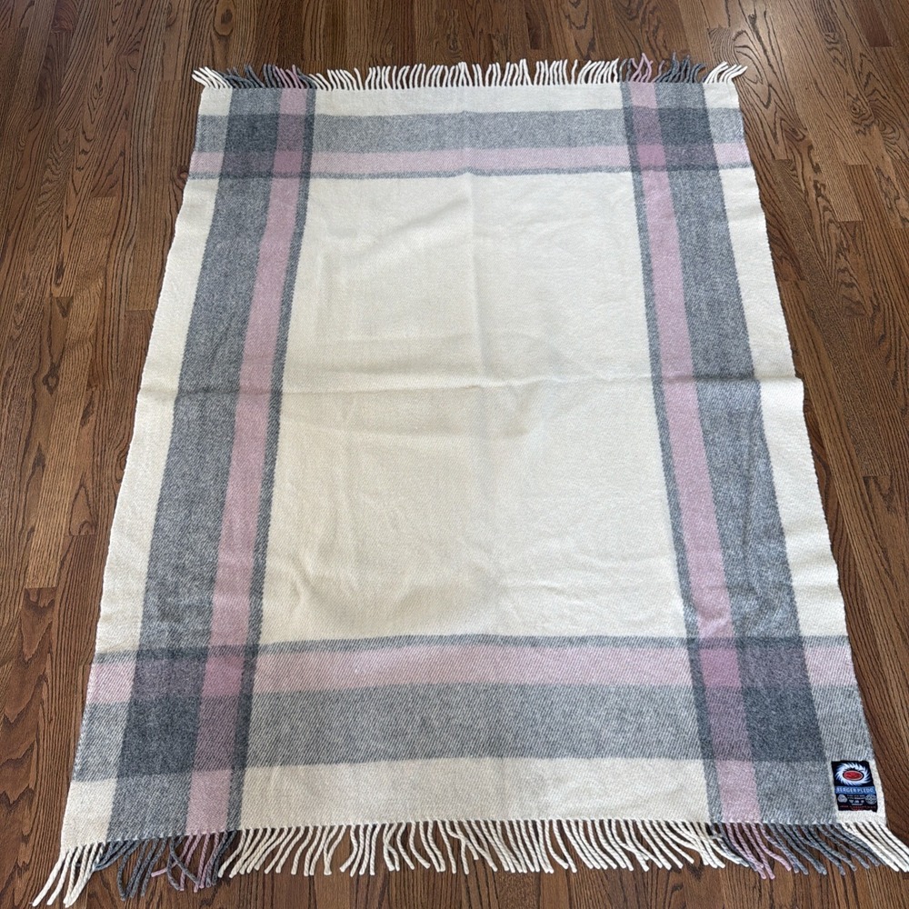 Berger‎ Pledd Norwegian Wool Throw Blanket Plaid Fringe Cream Pink Gray Vintage